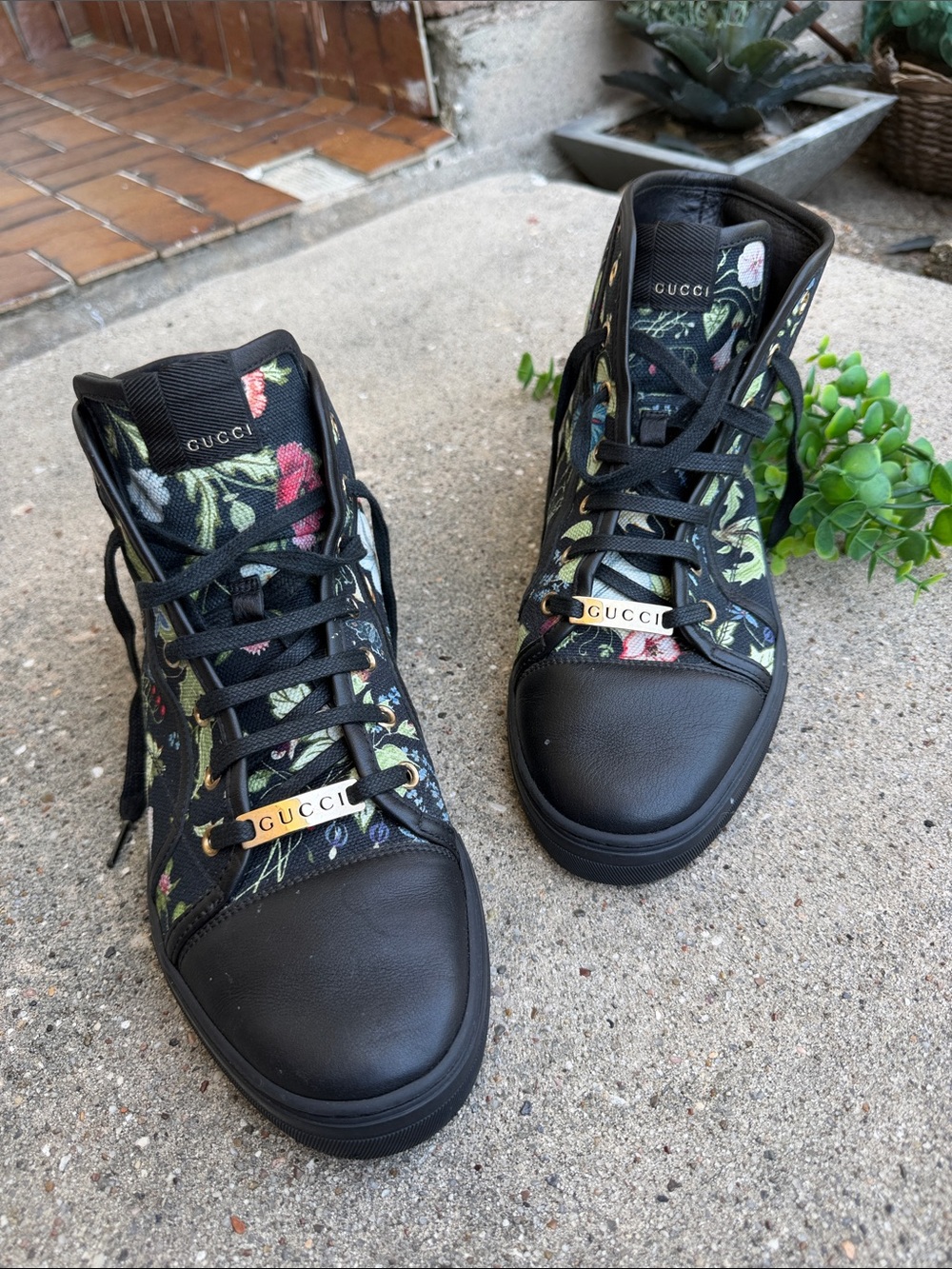 Gucci Black Floral High-Top Sneakers with Gold Logo Plaque